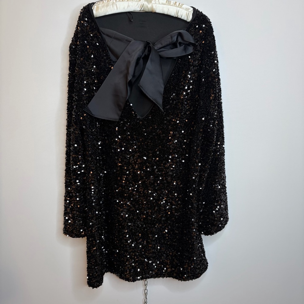 H&M Black Sequin Mini Dress with Bow Neck